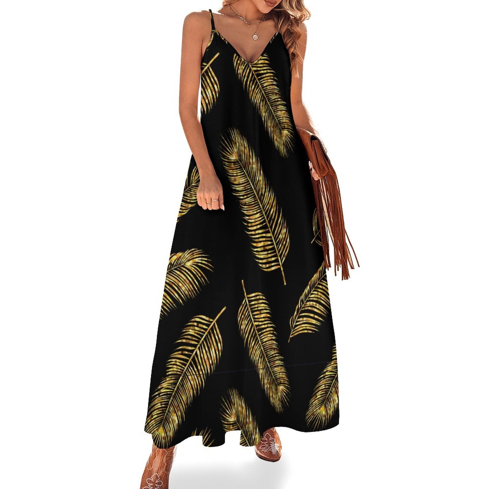Gilded Palm Leaf Print V-Neck Spaghetti Strap Maxi Dress