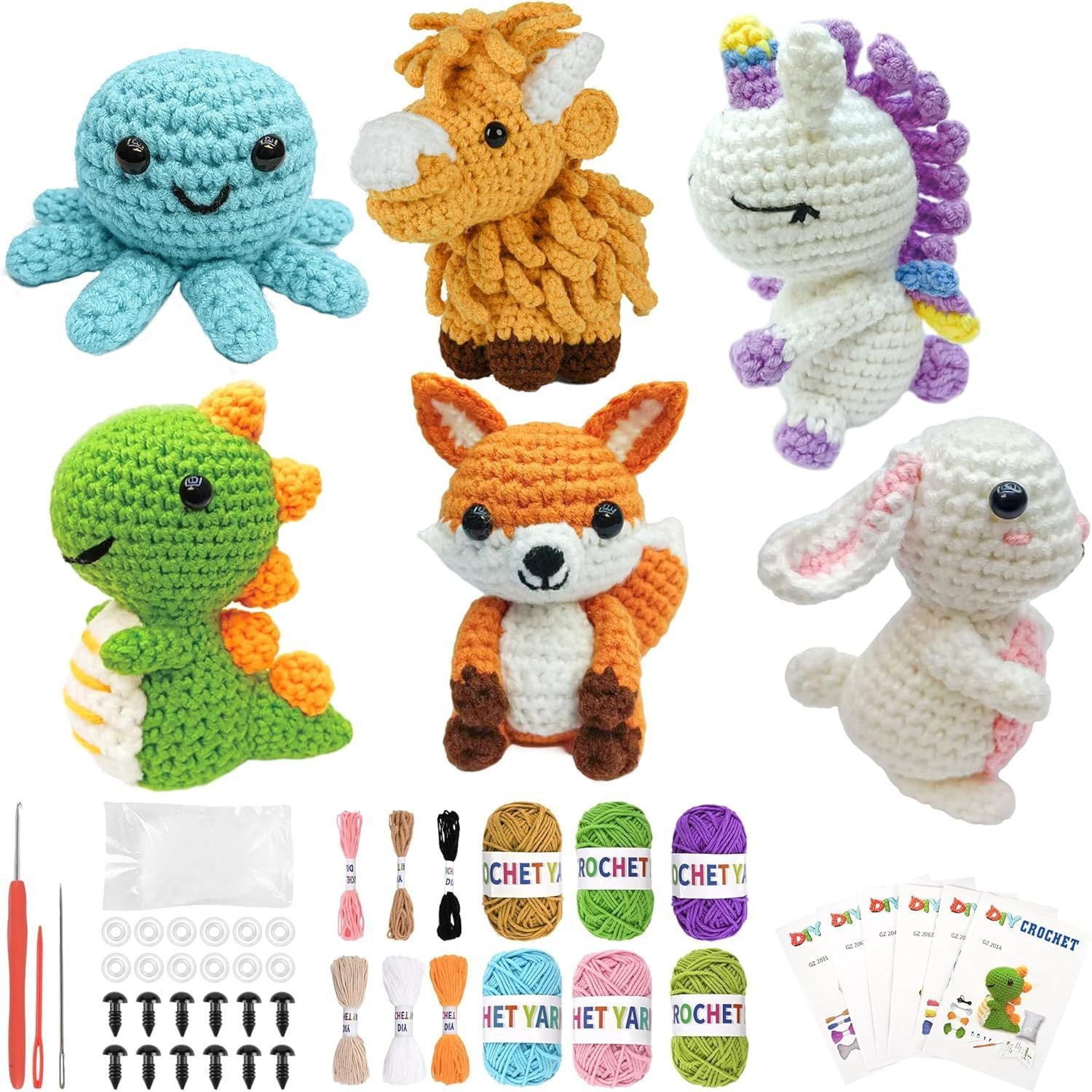 6Pcs Crochet Kit for Beginners, DIY Craft for Adults and Kids, Great Gift for Crochet Lovers, Crocheting Animal Kits with Step by Step Videos,Yarn,Crochet Hook,Birthday Holiday Gift