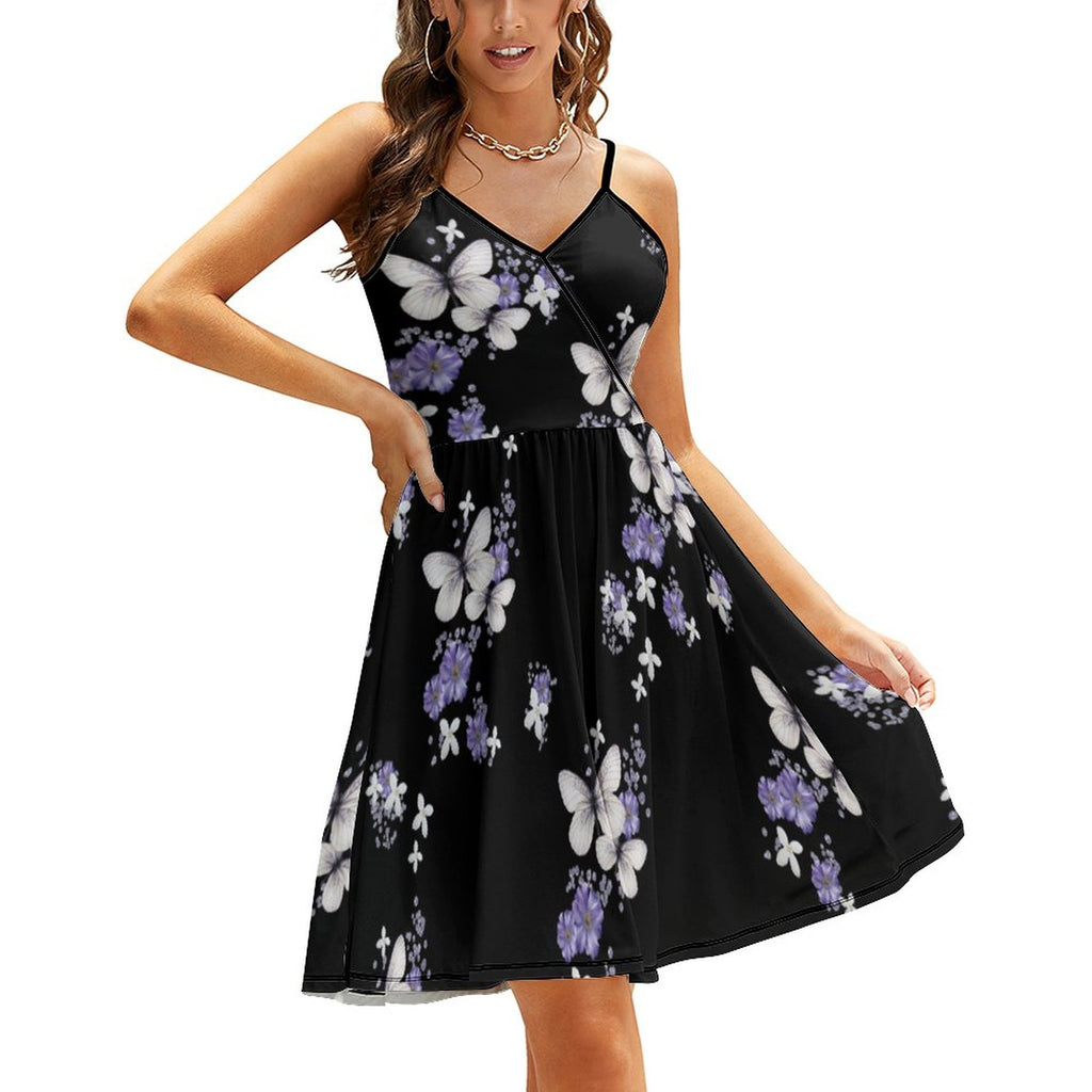 Butterfly & Floral Print V-Neck Cami Dress - Elegant Summer Ruffle Hem Mini Dress