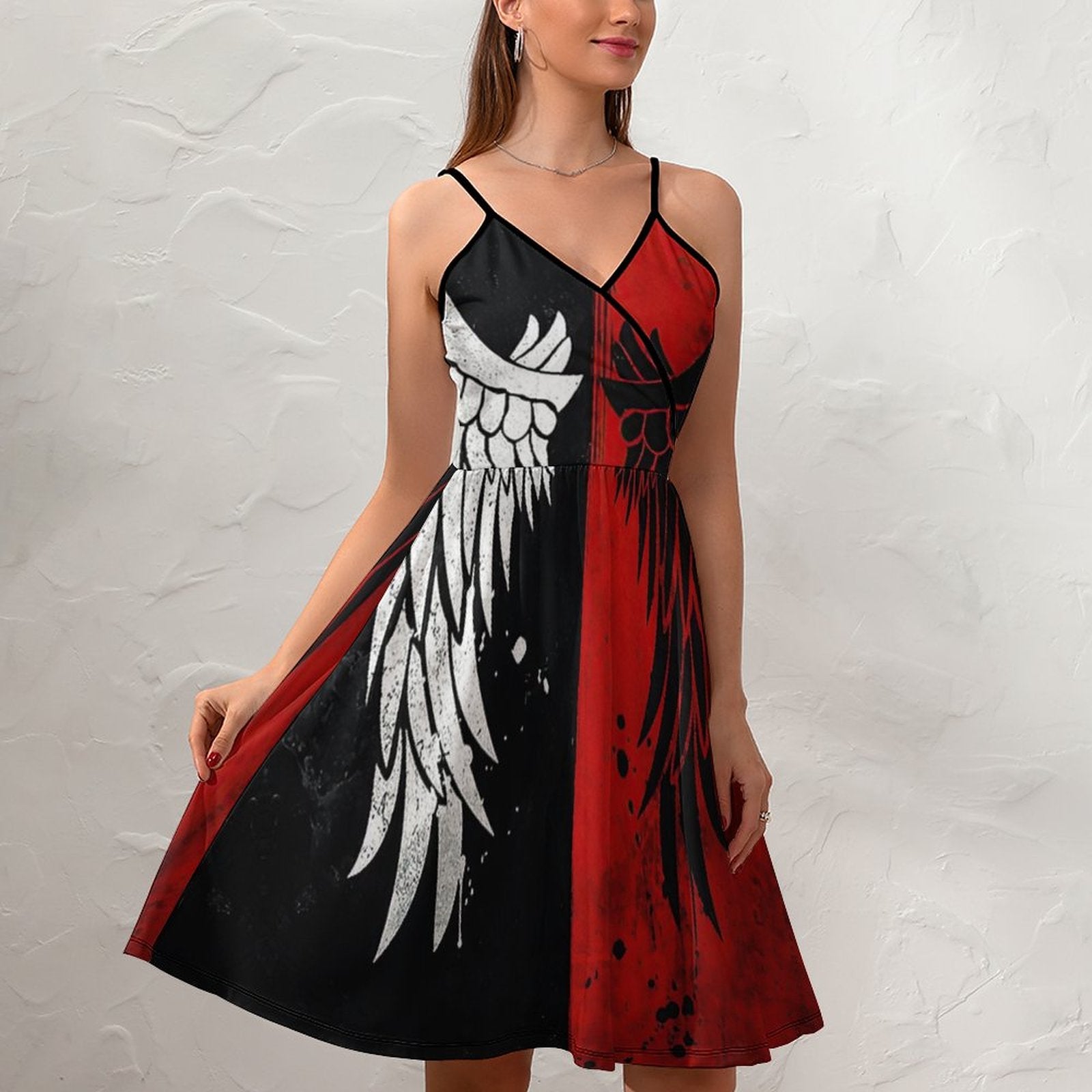 Gothic Angel Wing Graphic Dress - Red & Black Color Block Spaghetti Strap Mini Dress