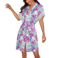 Women's Watercolor Butterfly Print Robe with Lace Trim, Short Sleeve Belted Loungewear