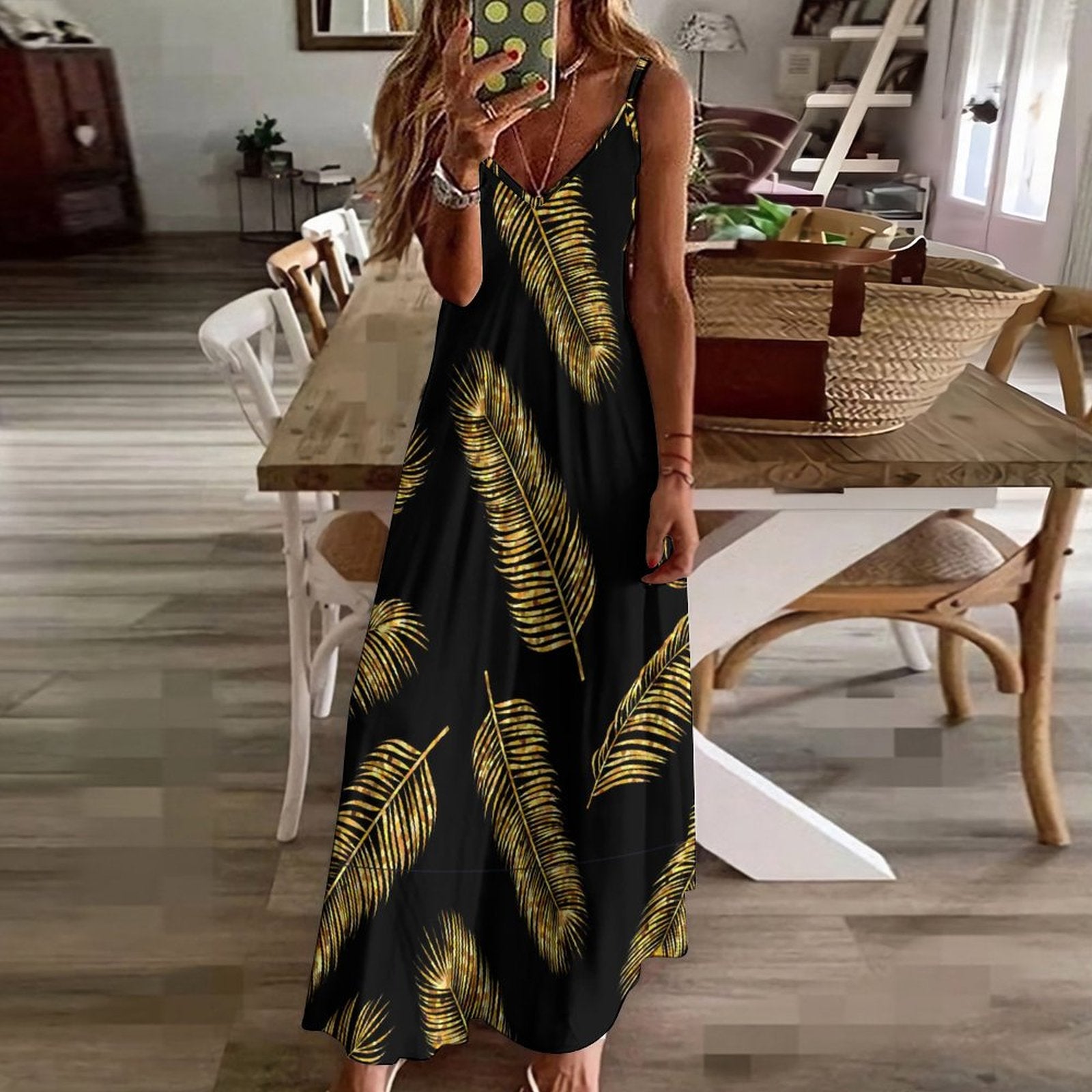 Gilded Palm Leaf Print V-Neck Spaghetti Strap Maxi Dress