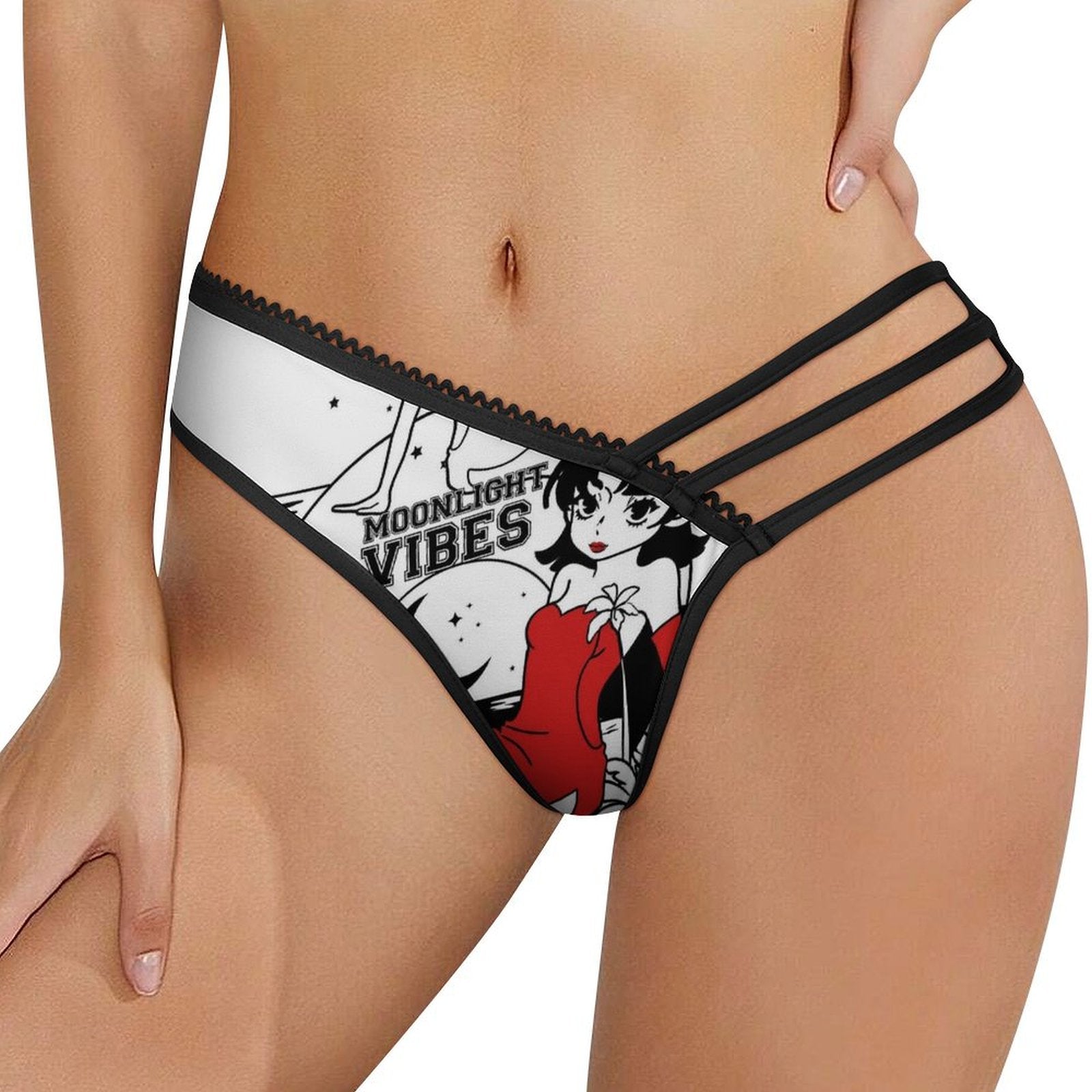 Women's Sexy Strappy Lingerie - Retro Anime Girl "Moonlight Vibes" Print Panties, Milk Silk & Mesh Cut-out Briefs
