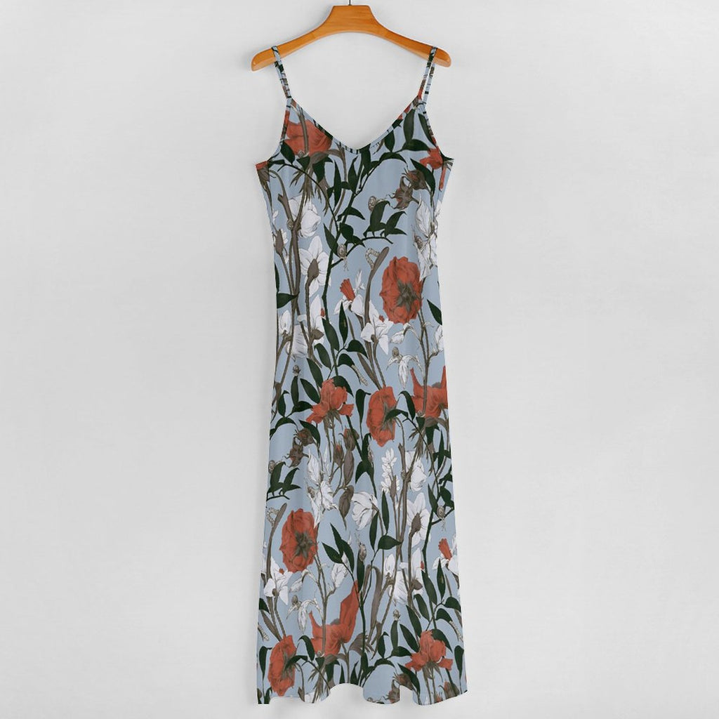Vintage Floral Print V-Neck Spaghetti Strap Maxi Dress Summer Beach Bohemian Ankle-Length Gown