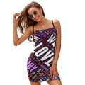Graffiti Word Print Sexy Spaghetti Strap Bodycon Mini Dress