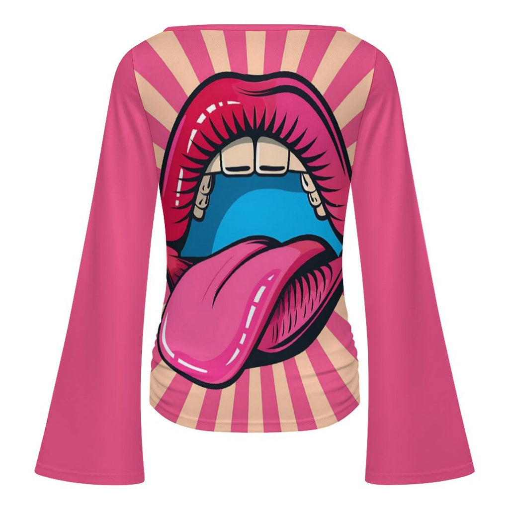 Women's Fashion Boat Neck Bell Sleeve T-Shirt - Fun Pop Art Lip Print Casual Top