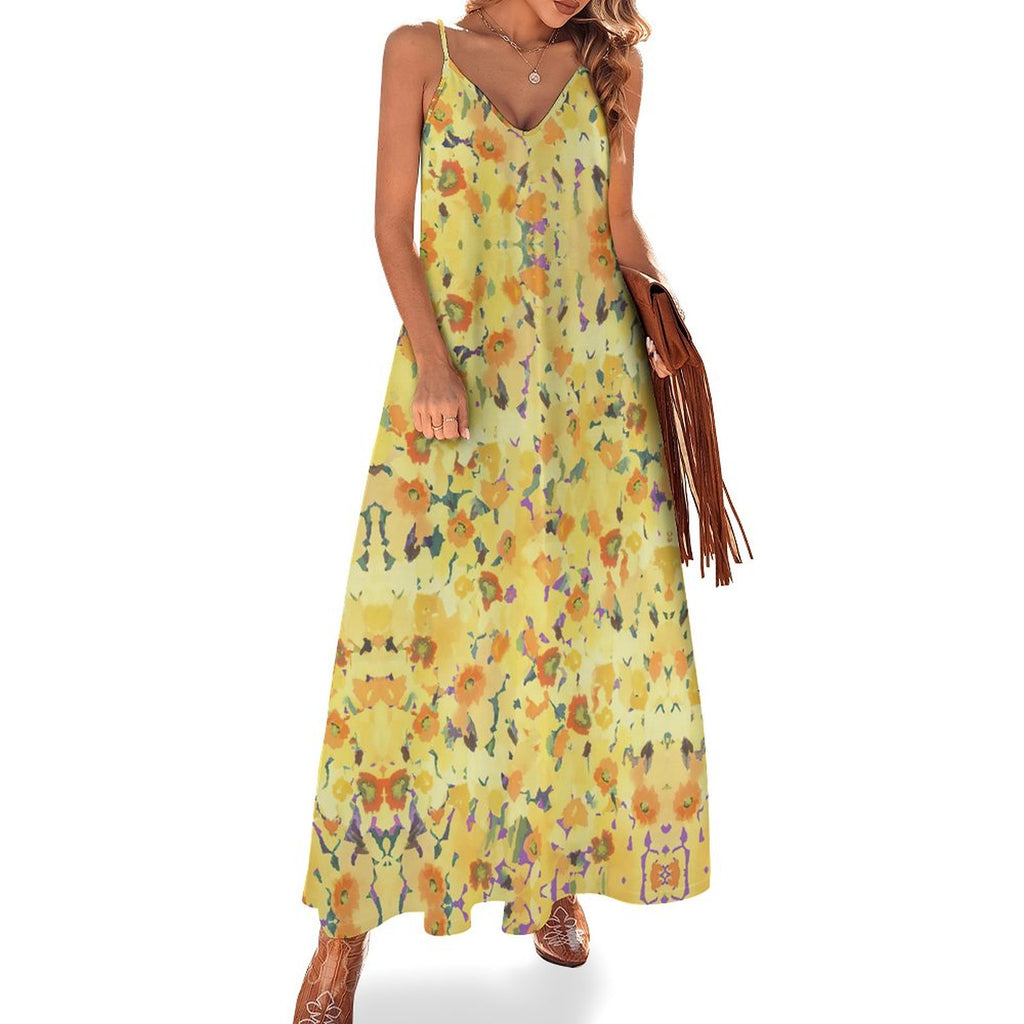 Summer Bohemian Sunflower Print Spaghetti Strap Maxi Dress | V-Neck Casual Flowy Ankle-Length Beach Sundress