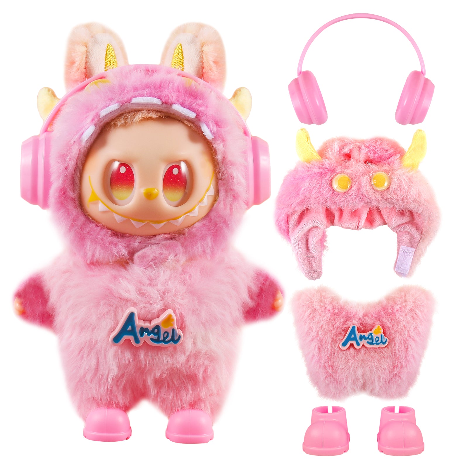 Dress Your 17cm Labubu! 4-Piece Pink Fuzzy Doll Outfit Set | Complete with Hat, Shoes & Accessories