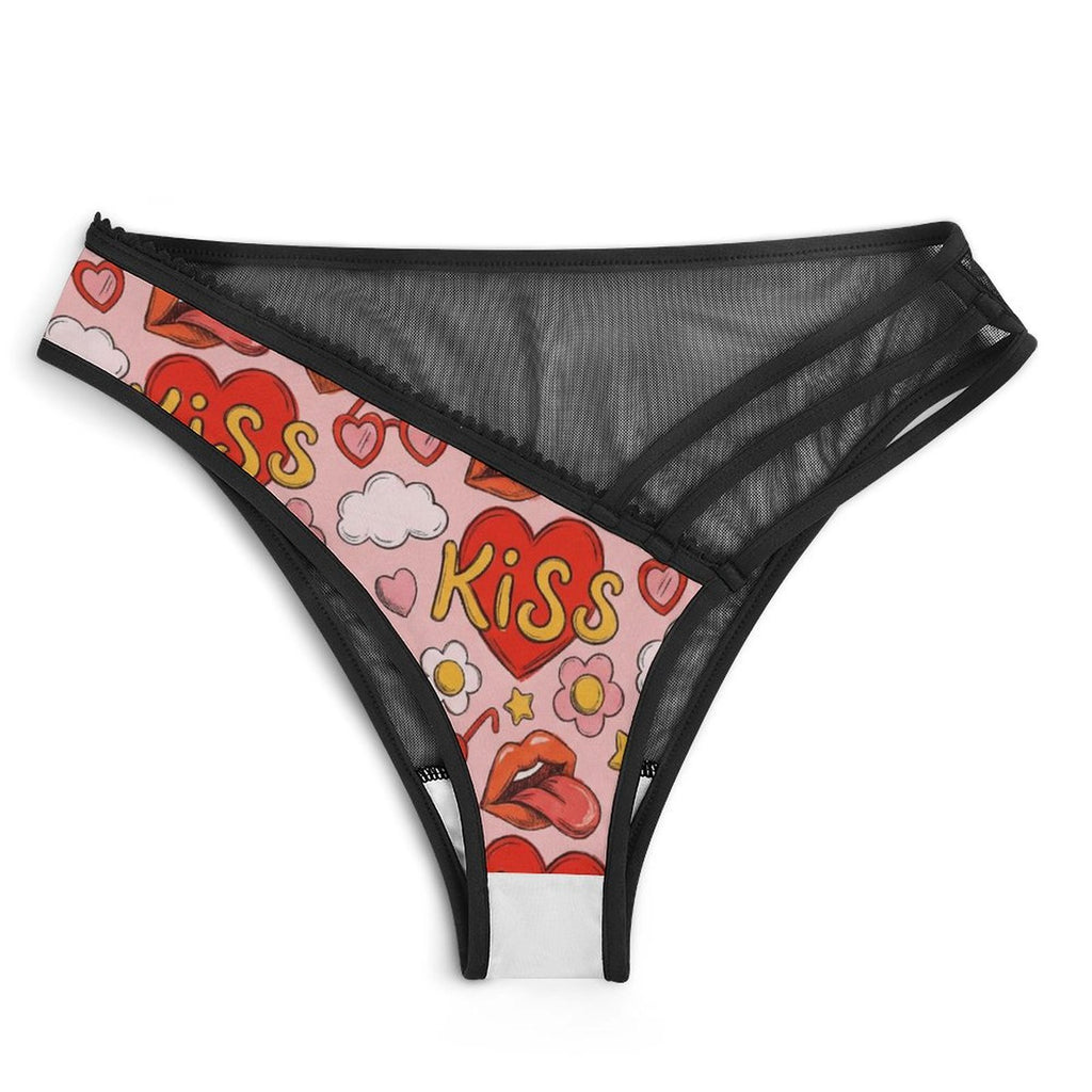 Women's Strappy Low-Rise Panties - Sexy Milk Silk & Mesh Lingerie with "KISS" Heart Print, Elastic Cut-out Briefs