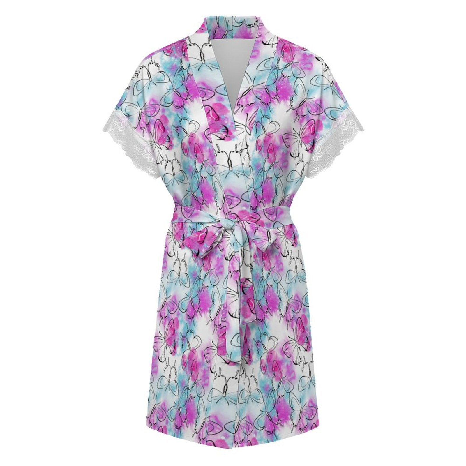 Women's Watercolor Butterfly Print Robe with Lace Trim, Short Sleeve Belted Loungewear