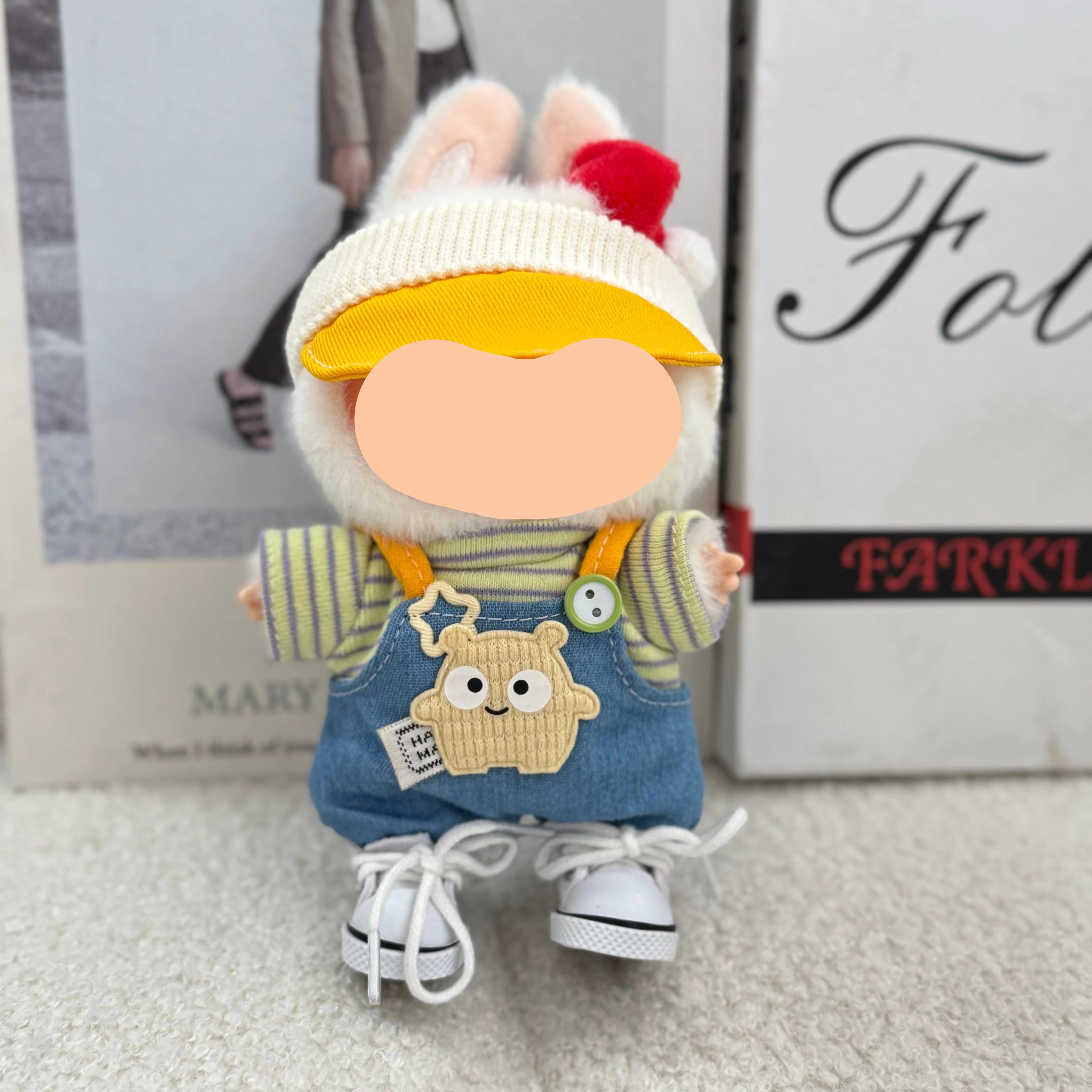 Winter Labubo Outfits Blue Overalls with Sweater Accessories Keychain Labubo Clothing Fashion Labubo Outfit