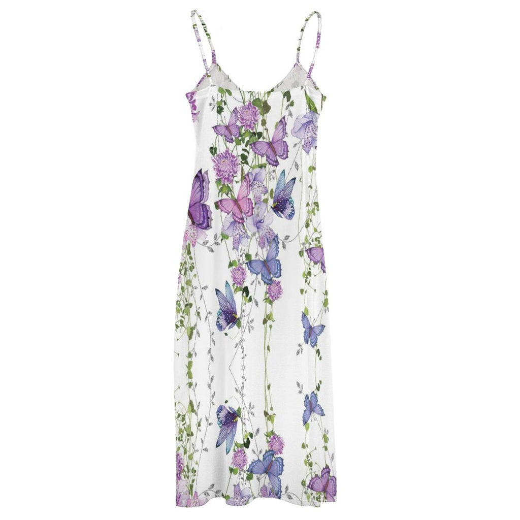 Whimsical Garden Butterfly & Floral Print V-Neck Spaghetti Strap Maxi Dress