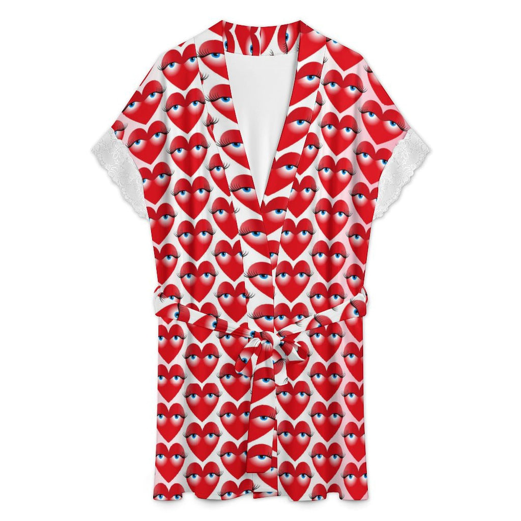 Women's Playful Heart with Eyes Print Robe, Lace Trim Short Sleeve Loungewear