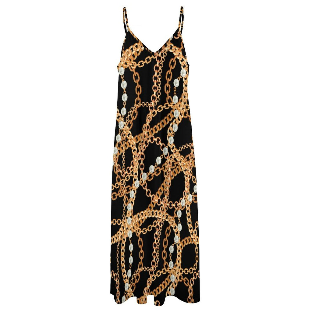 Chic Chain & Pearl Print V-Neck Spaghetti Strap Maxi Dress