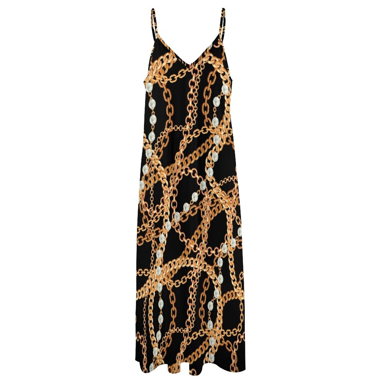 Chic Chain & Pearl Print V-Neck Spaghetti Strap Maxi Dress