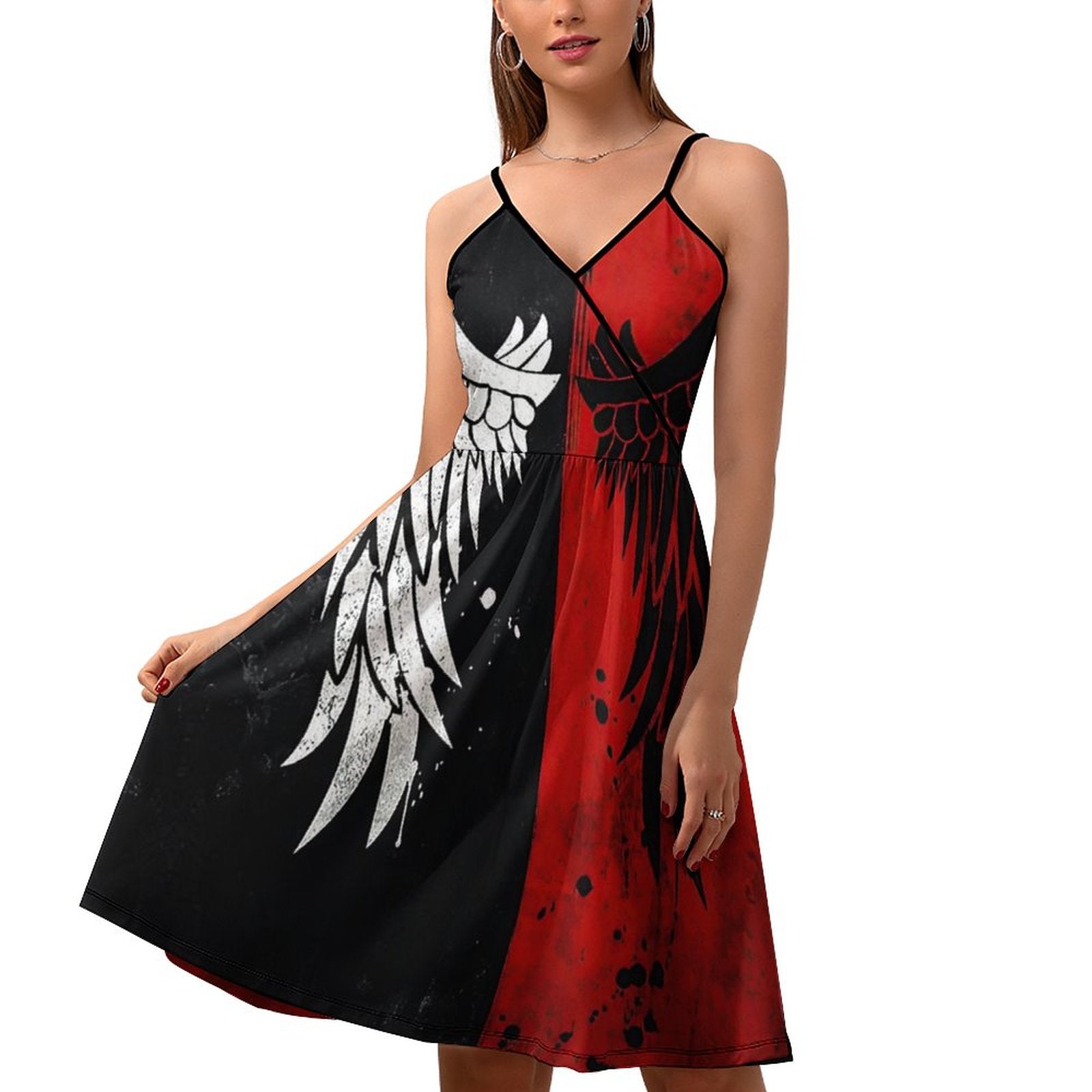 Gothic Angel Wing Graphic Dress - Red & Black Color Block Spaghetti Strap Mini Dress