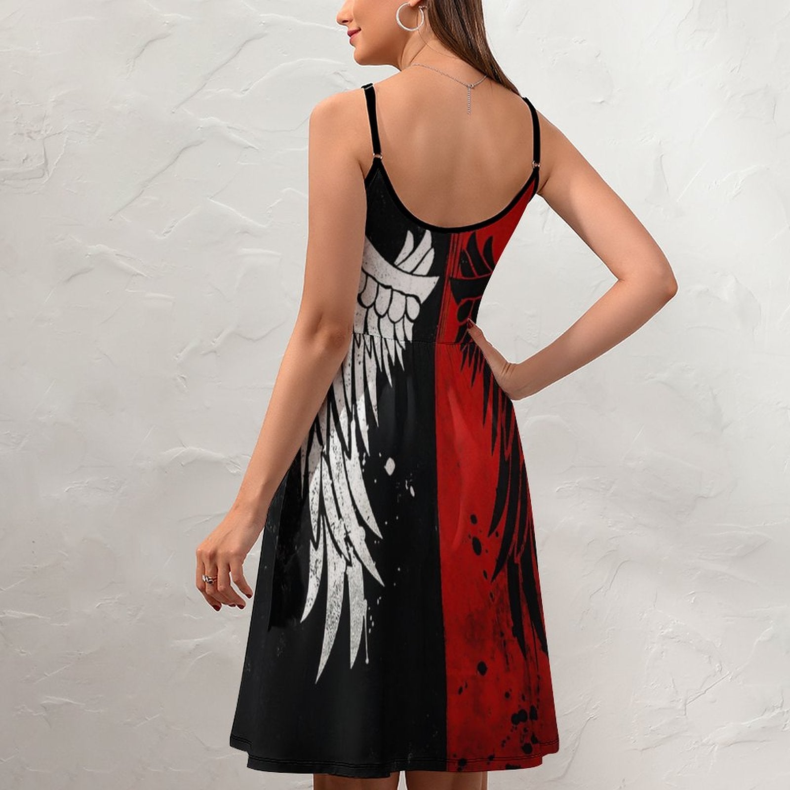 Gothic Angel Wing Graphic Dress - Red & Black Color Block Spaghetti Strap Mini Dress