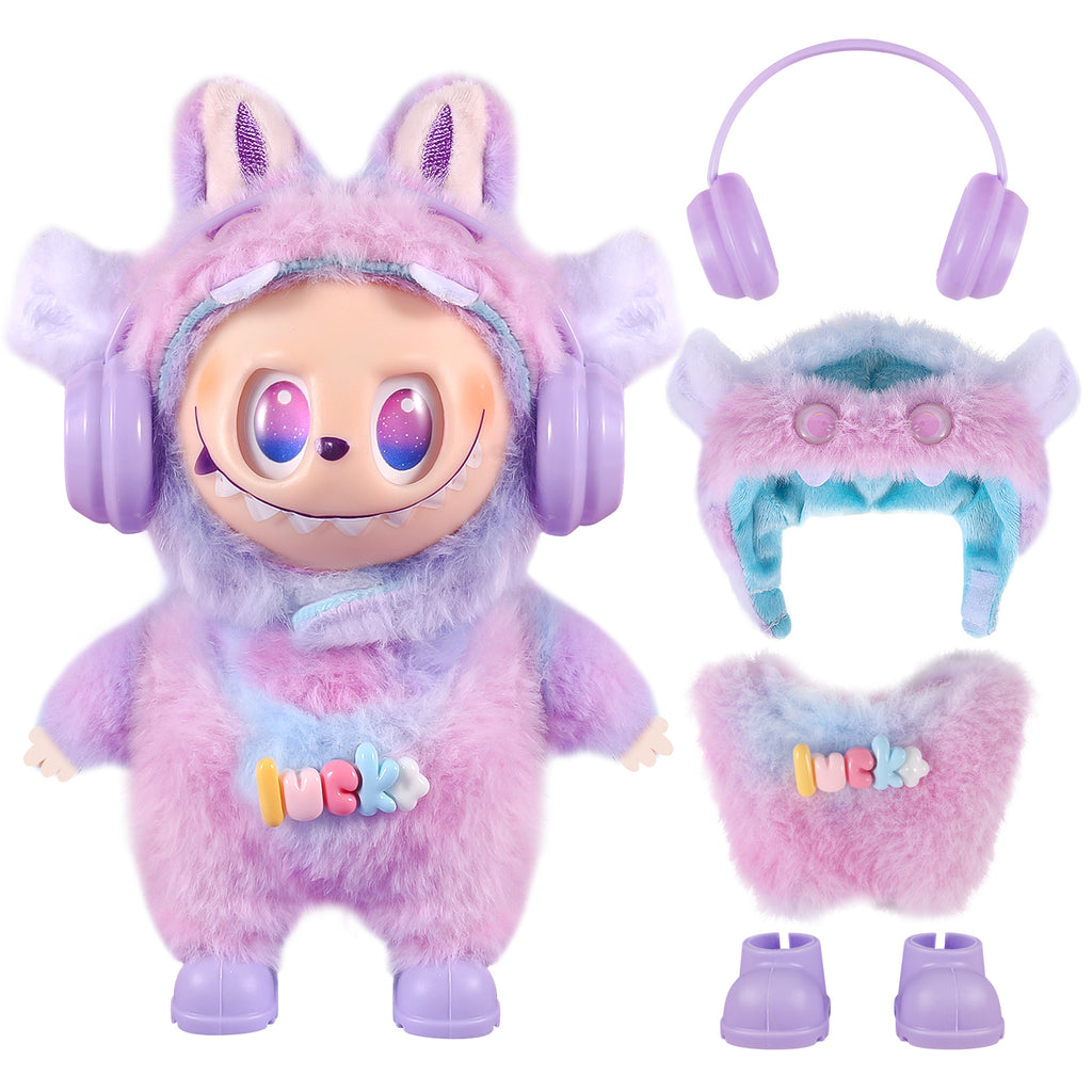 4-Piece Purple & Blue "Lucky" Themed Plush Doll Clothes Set for 17cm Labubu - Includes Overalls, Hat, Headphones & Shoes
