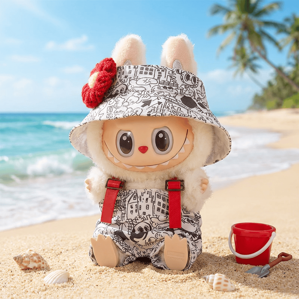 Graffiti Artistry 3-Piece Outfit for 17cm Labubu Doll - Includes Fisherman's Hat, Overalls & Corsage