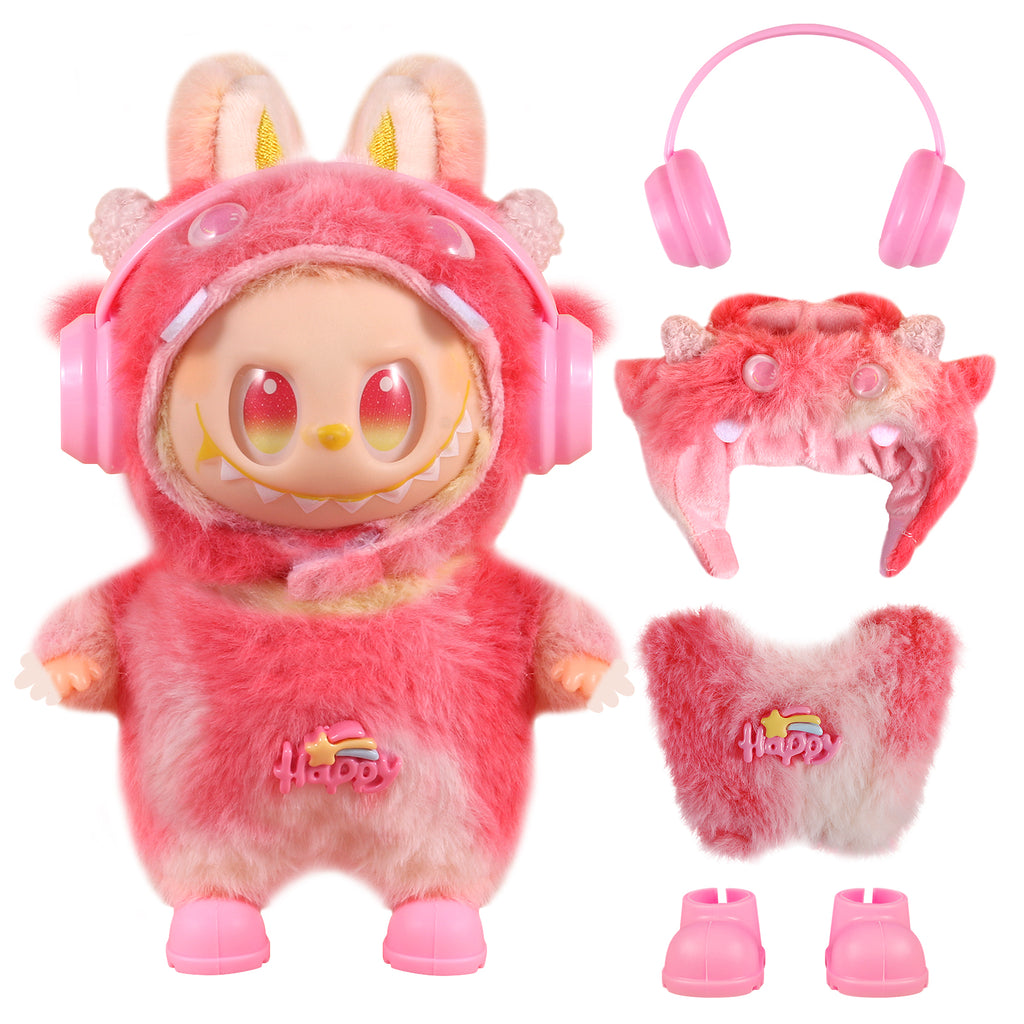 Dress Your 17cm Labubu! Complete 4-Piece Red Doll Outfit Set with Hat, Shoes & Headphones