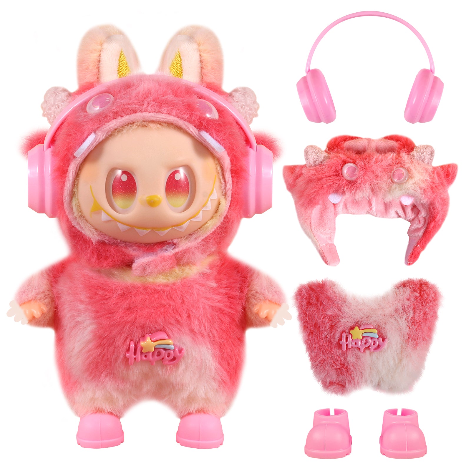 Dress Your 17cm Labubu! Complete 4-Piece Red Doll Outfit Set with Hat, Shoes & Headphones