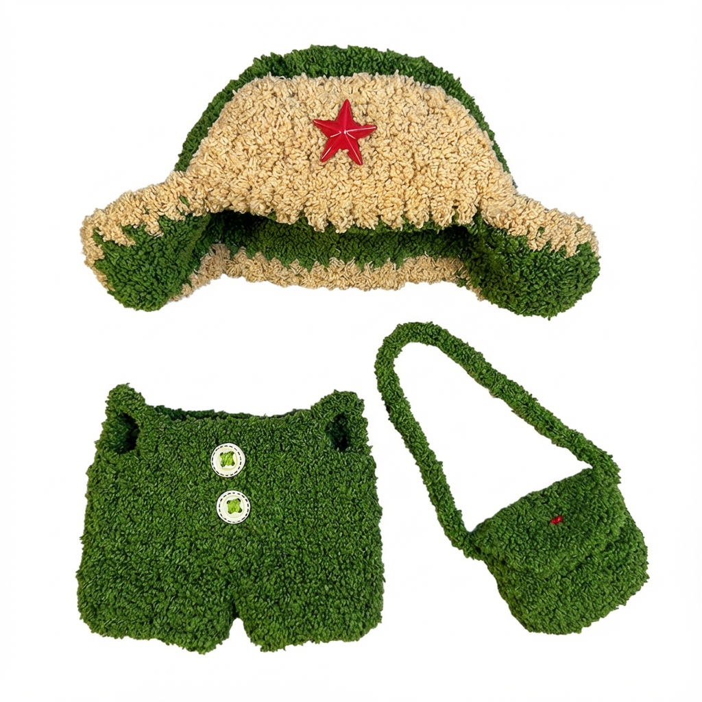 Handmade Doll Clothes for 17cm Labubu, Cute 3-Piece Fuzzy Green Outfit with Star Hat, Shorts & Bag Accessories.
