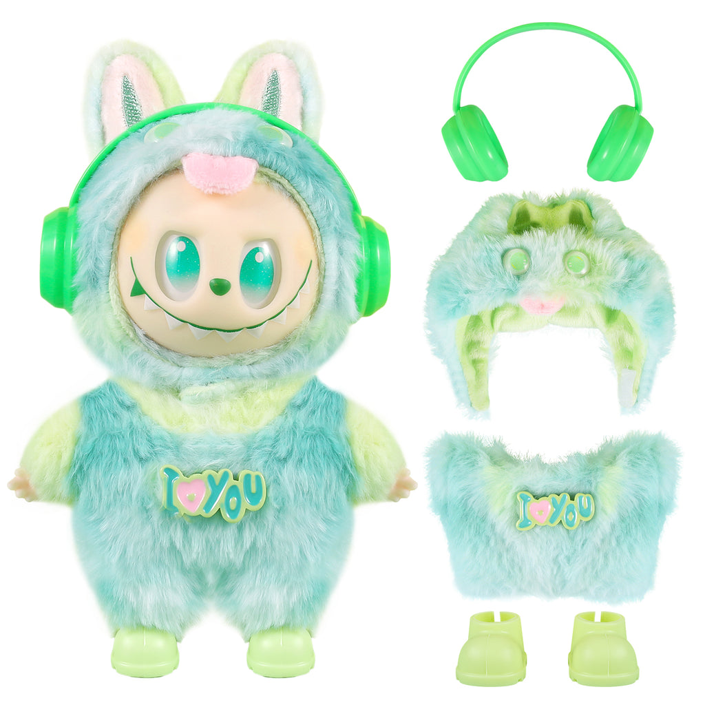 4-Piece Cute Plush Doll Clothes Set for 17cm Labubu - Includes Overalls, Hat, Headphones & Shoes
