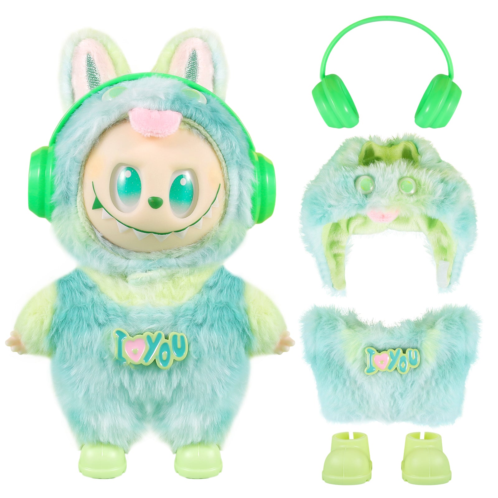 4-Piece Cute Plush Doll Clothes Set for 17cm Labubu - Includes Overalls, Hat, Headphones & Shoes