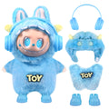 4-Piece Blue Monster "TOY" Themed Plush Doll Clothes Set for 17cm Labubu - Includes Overalls, Hat, Headphones & Shoes