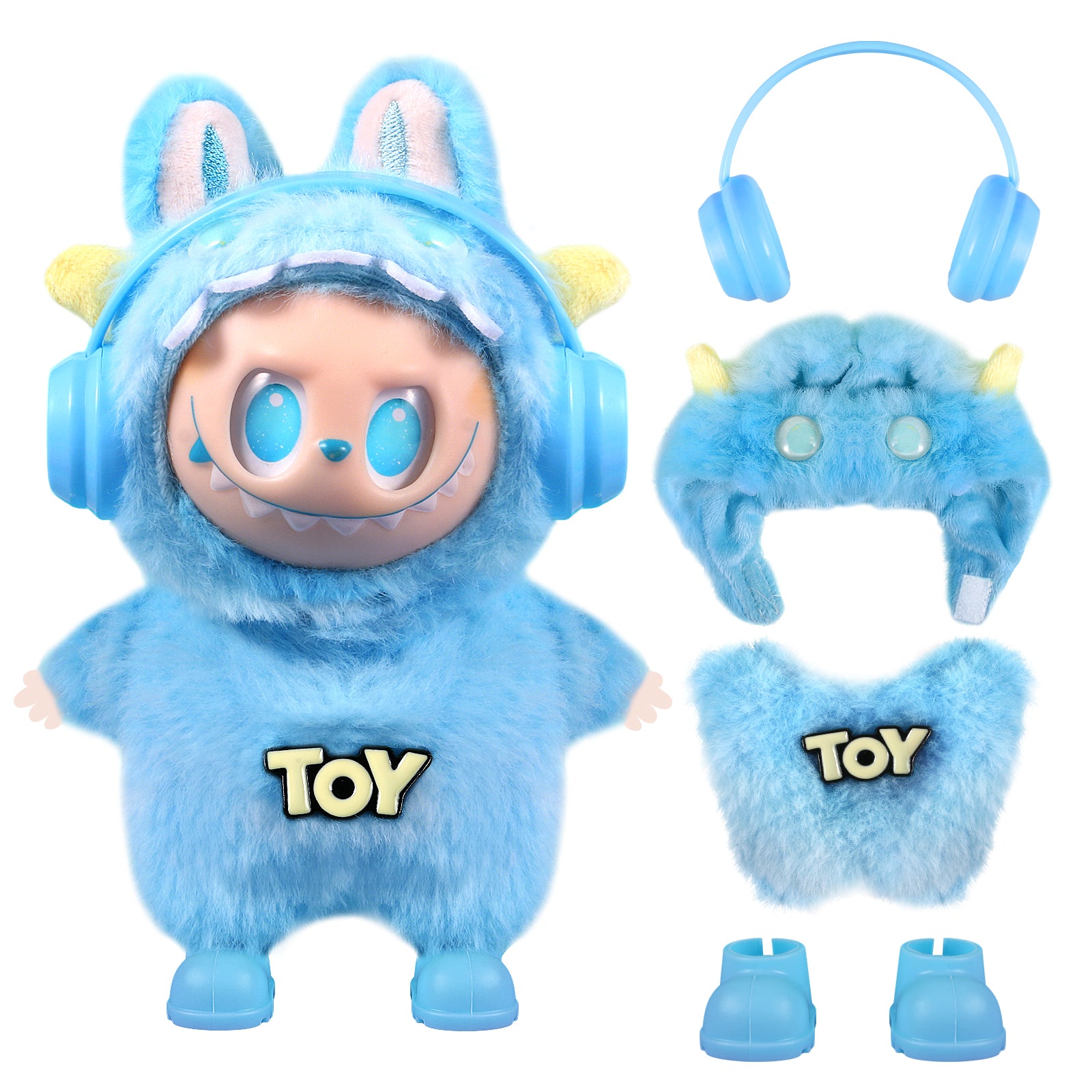 4-Piece Blue Monster "TOY" Themed Plush Doll Clothes Set for 17cm Labubu - Includes Overalls, Hat, Headphones & Shoes