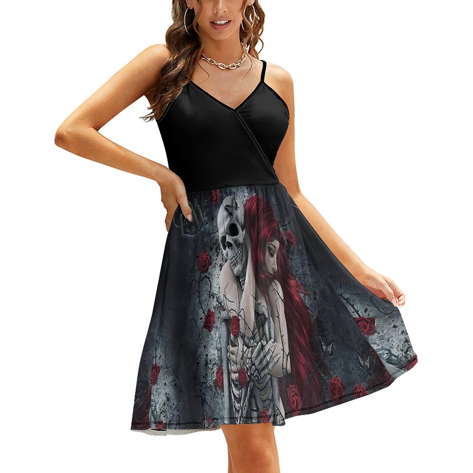 "Eternal Embrace" Gothic Skull & Rose Print Cami Dress
