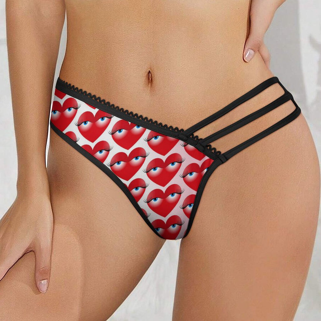 Women's Seductive Strappy Panties - Playful "Heart Eyes" Print Lingerie, Premium Milk Silk & Breathable Mesh Cut-out Briefs