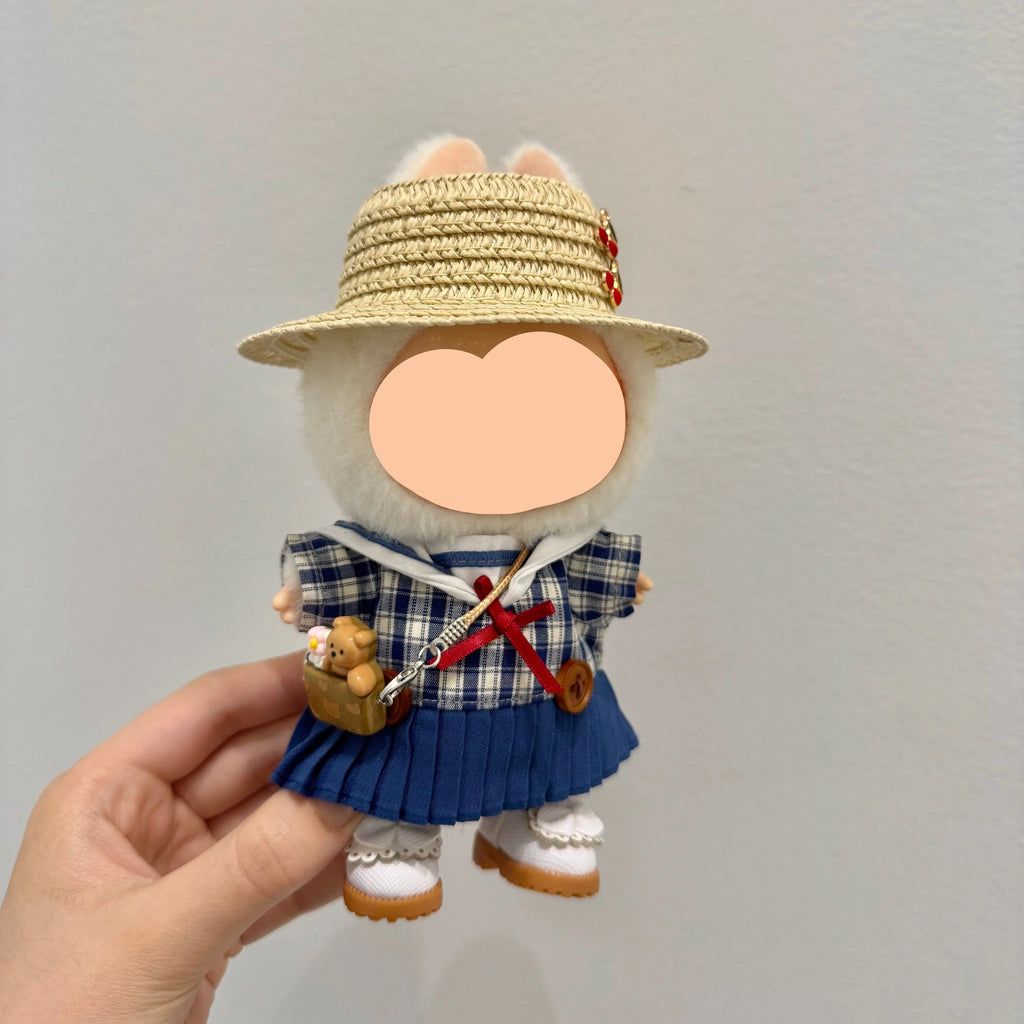 Summer Labubo Outfits Plaid Skirt + Straw Hat Accessories Fashion Labubo Outfit Keychain Labubo Clothing