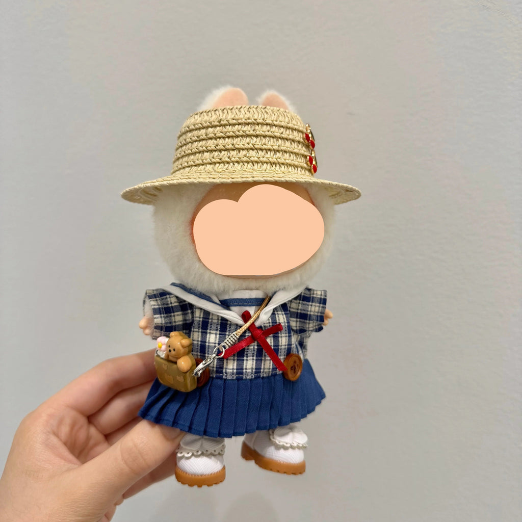 Summer Labubo Outfits Plaid Skirt + Straw Hat Accessories Fashion Labubo Outfit Keychain Labubo Clothing