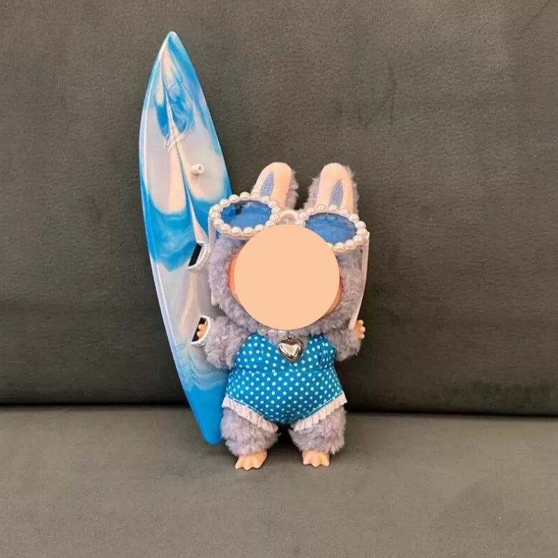 Dopamine Labubo Outfits Blue Plaided Swimsuit + Surfboard Accessories Summer Keychain Labubo Clothing Labubo Outfit