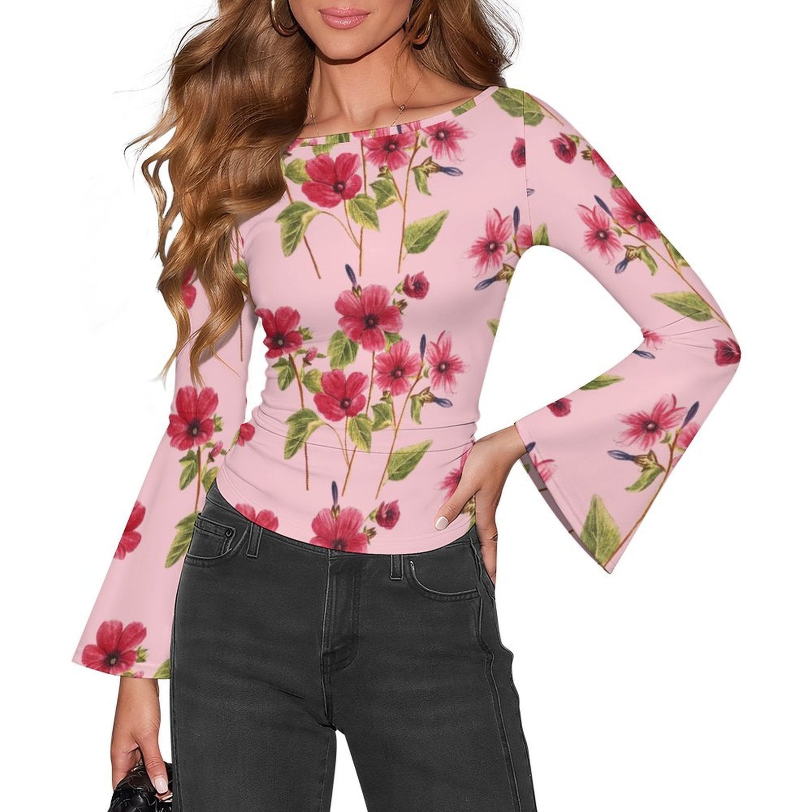 Women's Elegant Floral Print Boat Neck Bell Sleeve T-Shirt - Spring/Summer Chic Casual Top