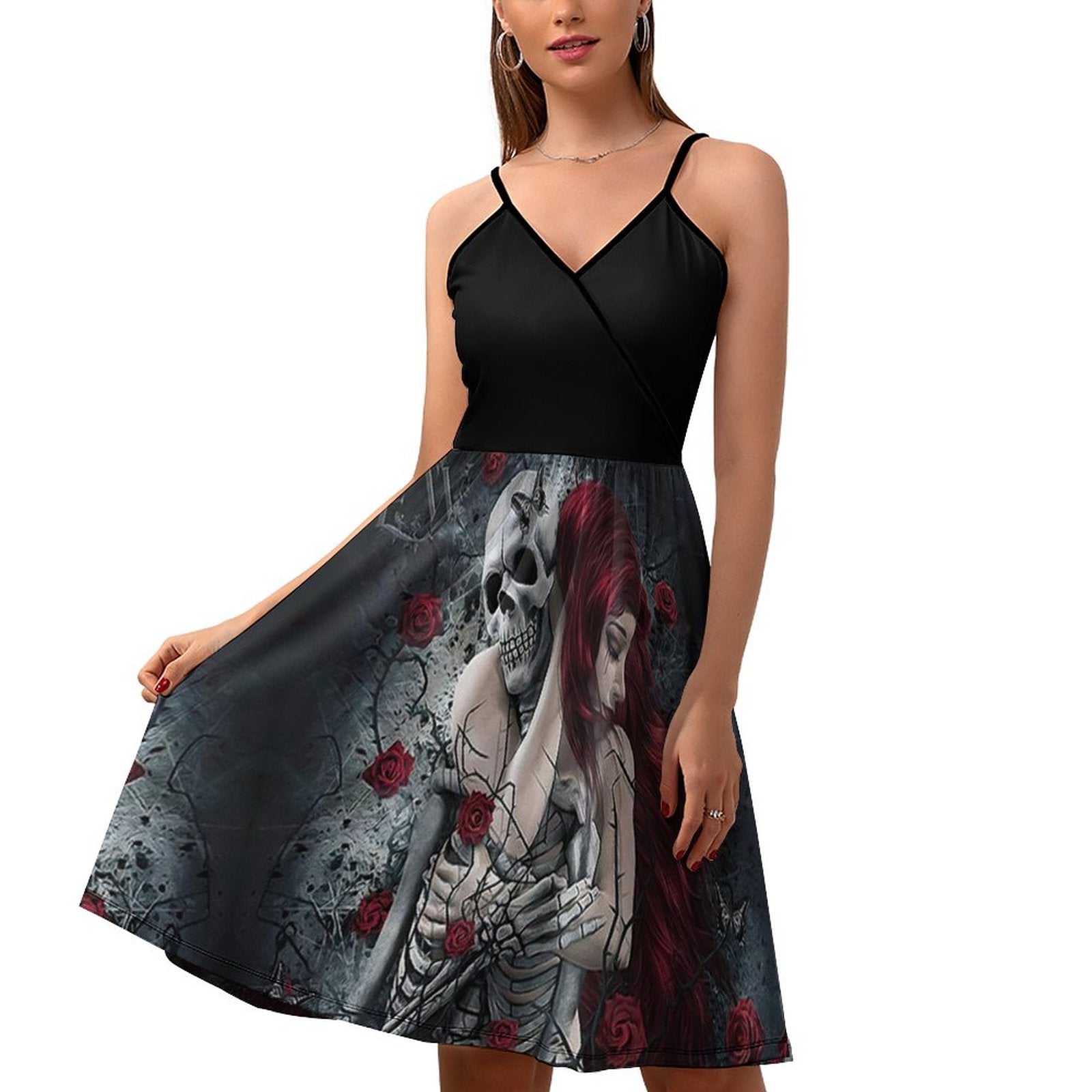 "Eternal Embrace" Gothic Skull & Rose Print Cami Dress