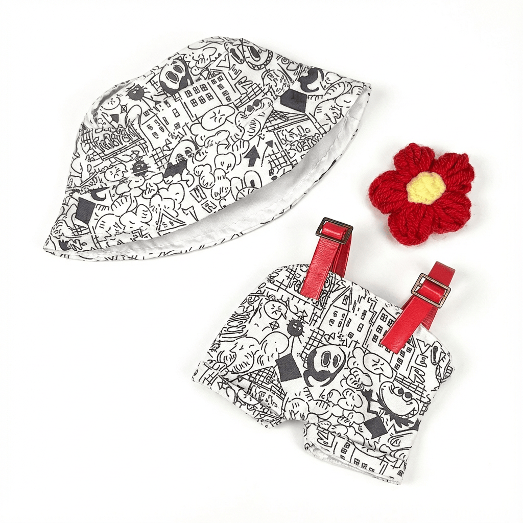 Graffiti Artistry 3-Piece Outfit for 17cm Labubu Doll - Includes Fisherman's Hat, Overalls & Corsage