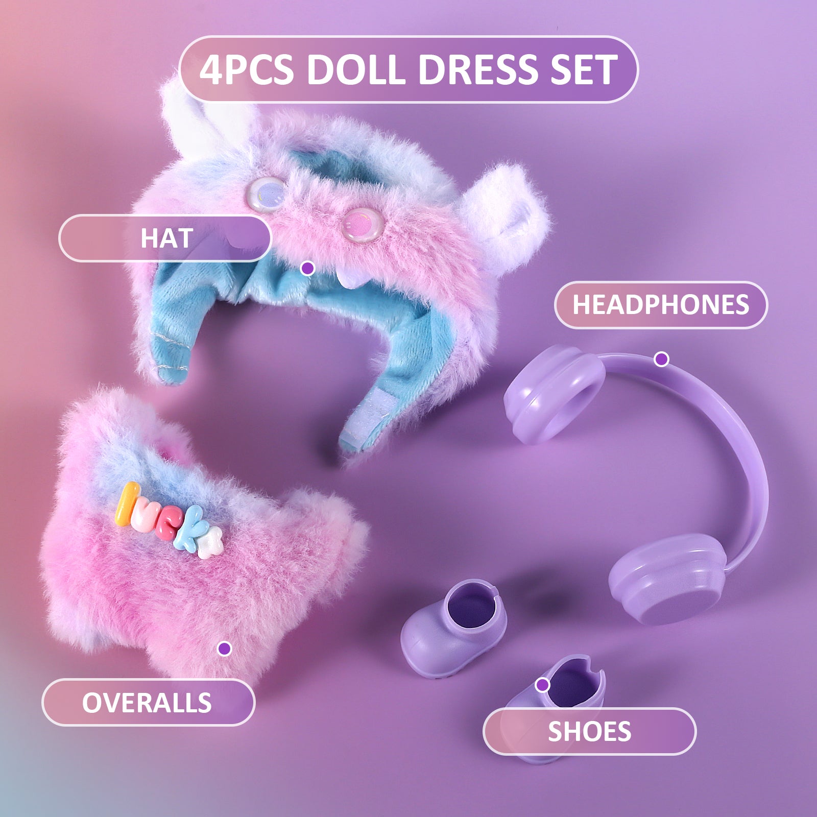 4-Piece Purple & Blue "Lucky" Themed Plush Doll Clothes Set for 17cm Labubu - Includes Overalls, Hat, Headphones & Shoes