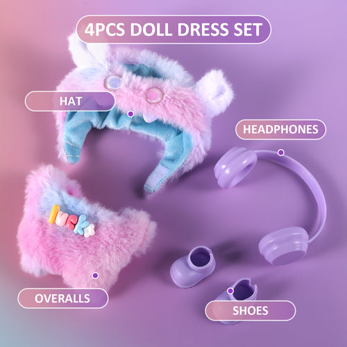 4-Piece Purple & Blue "Lucky" Themed Plush Doll Clothes Set for 17cm Labubu - Includes Overalls, Hat, Headphones & Shoes