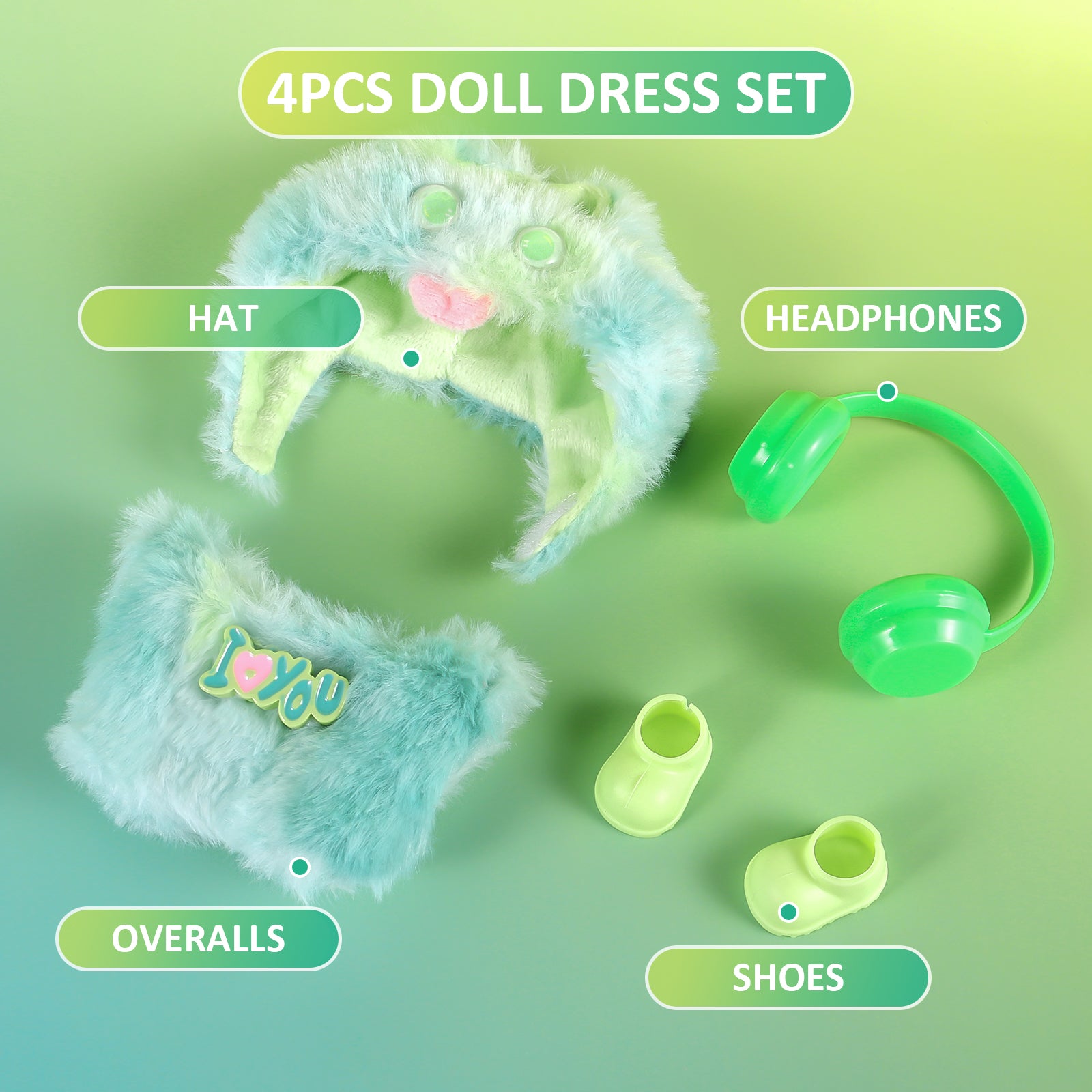 4-Piece Cute Plush Doll Clothes Set for 17cm Labubu - Includes Overalls, Hat, Headphones & Shoes