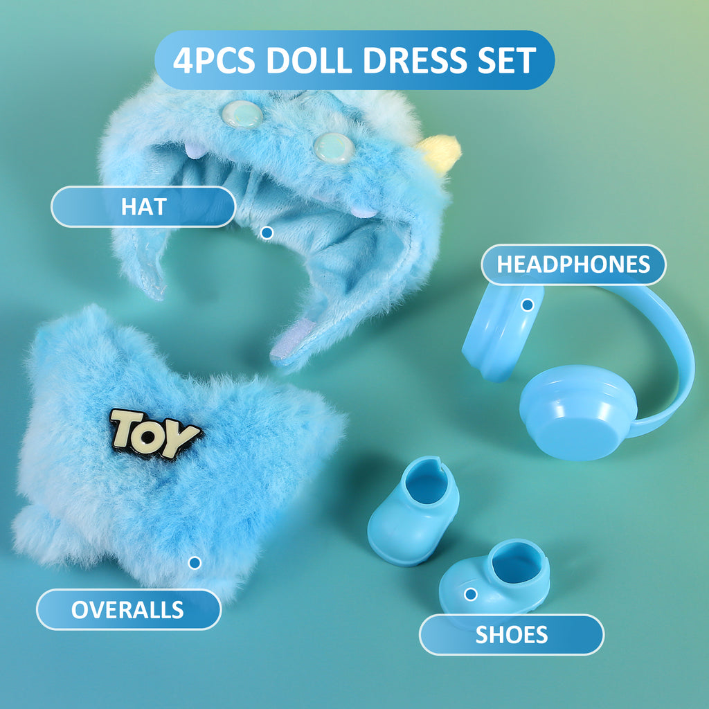 4-Piece Blue Monster "TOY" Themed Plush Doll Clothes Set for 17cm Labubu - Includes Overalls, Hat, Headphones & Shoes