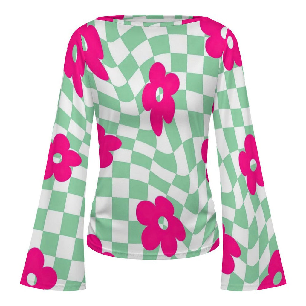 Women's Retro Checkerboard Floral Print Boat Neck Bell Sleeve T-Shirt - Trendy Casual Top