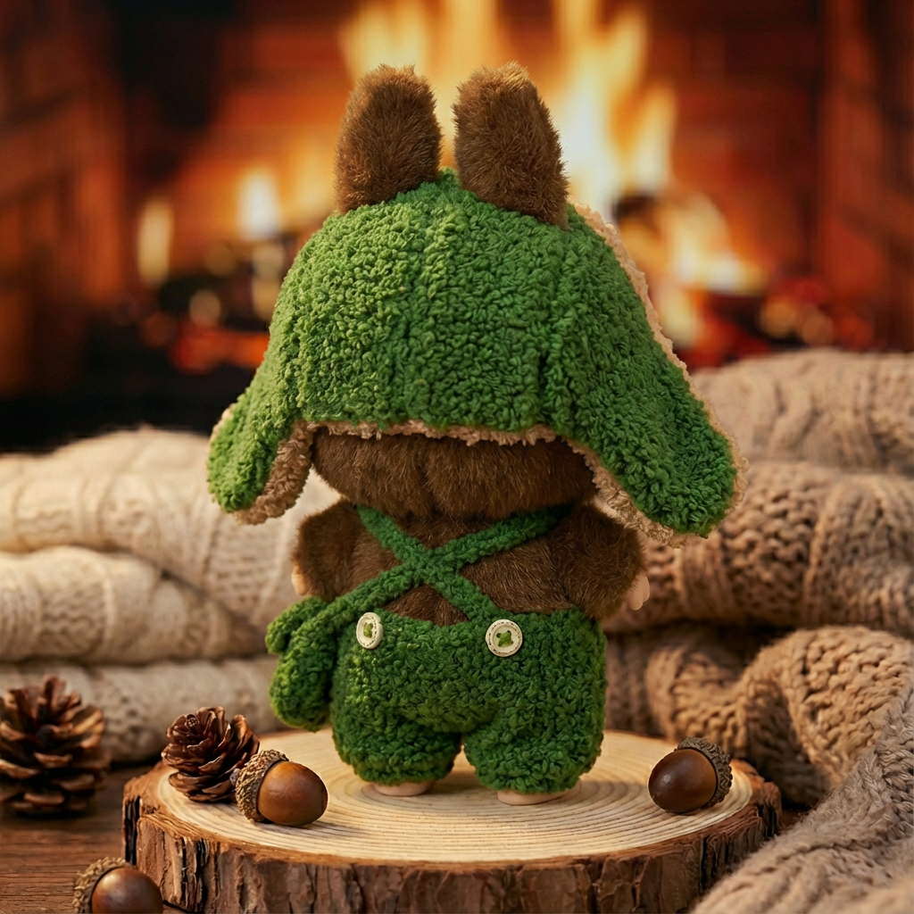 Handmade Doll Clothes for 17cm Labubu, Cute 3-Piece Fuzzy Green Outfit with Star Hat, Shorts & Bag Accessories.