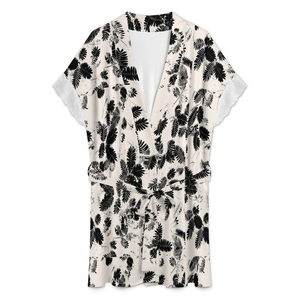 Women's Elegant Botanical Leaf Print Robe with Lace Trim, Short Sleeve Belted Loungewear