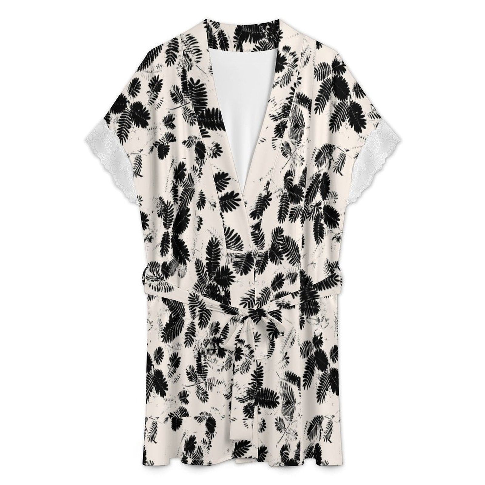 Women's Elegant Botanical Leaf Print Robe with Lace Trim, Short Sleeve Belted Loungewear