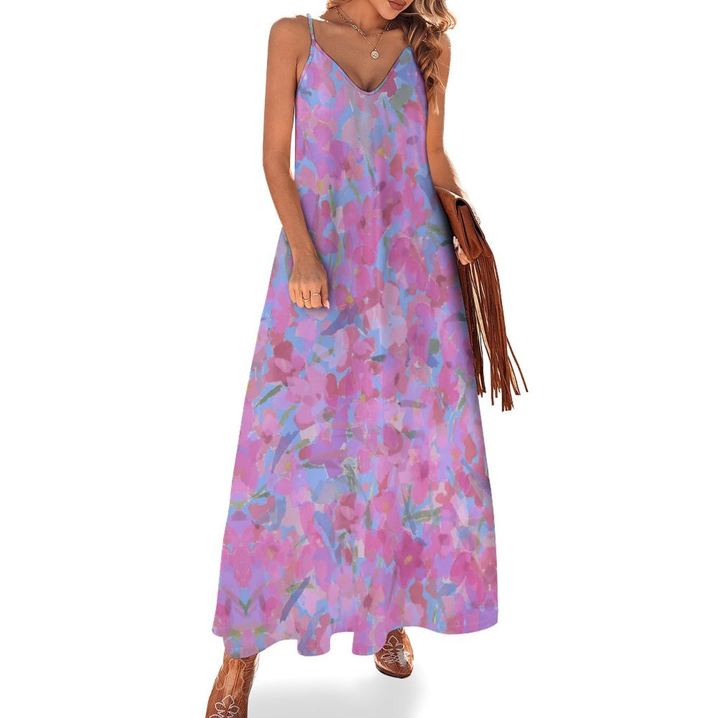 Summer Bohemian Floral Print Spaghetti Strap Maxi Dress V-Neck Casual Flowy Ankle-Length Beach Dress