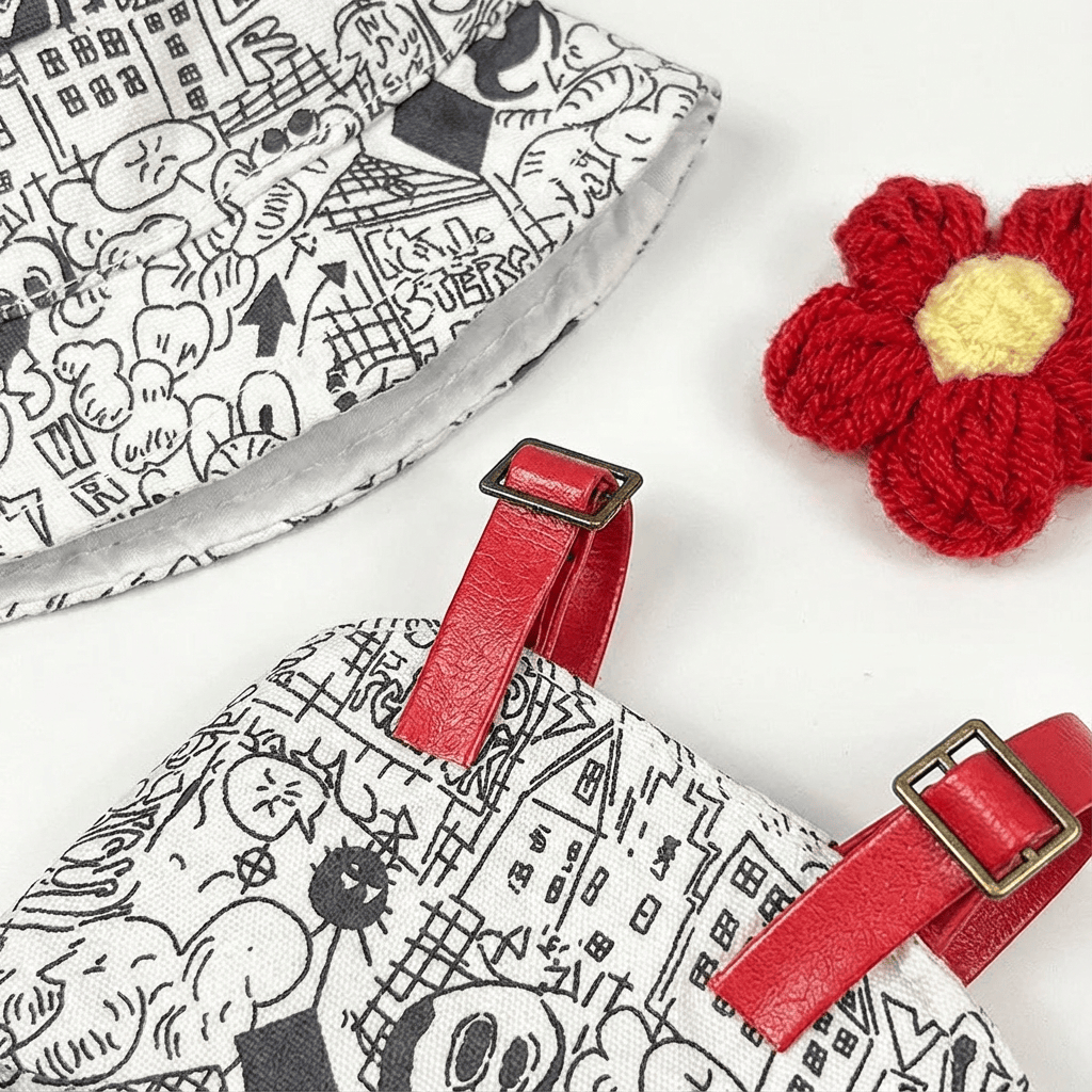 Graffiti Artistry 3-Piece Outfit for 17cm Labubu Doll - Includes Fisherman's Hat, Overalls & Corsage