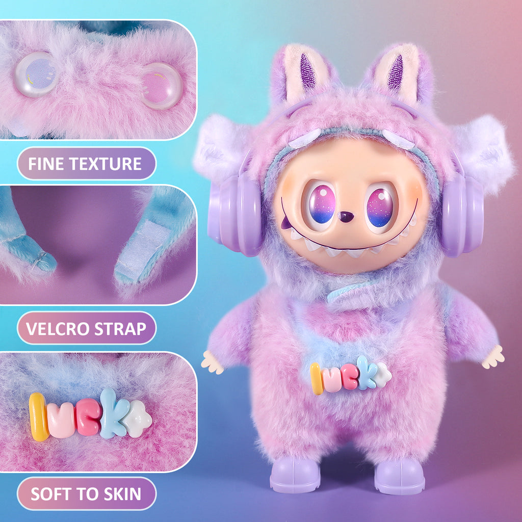 4-Piece Purple & Blue "Lucky" Themed Plush Doll Clothes Set for 17cm Labubu - Includes Overalls, Hat, Headphones & Shoes