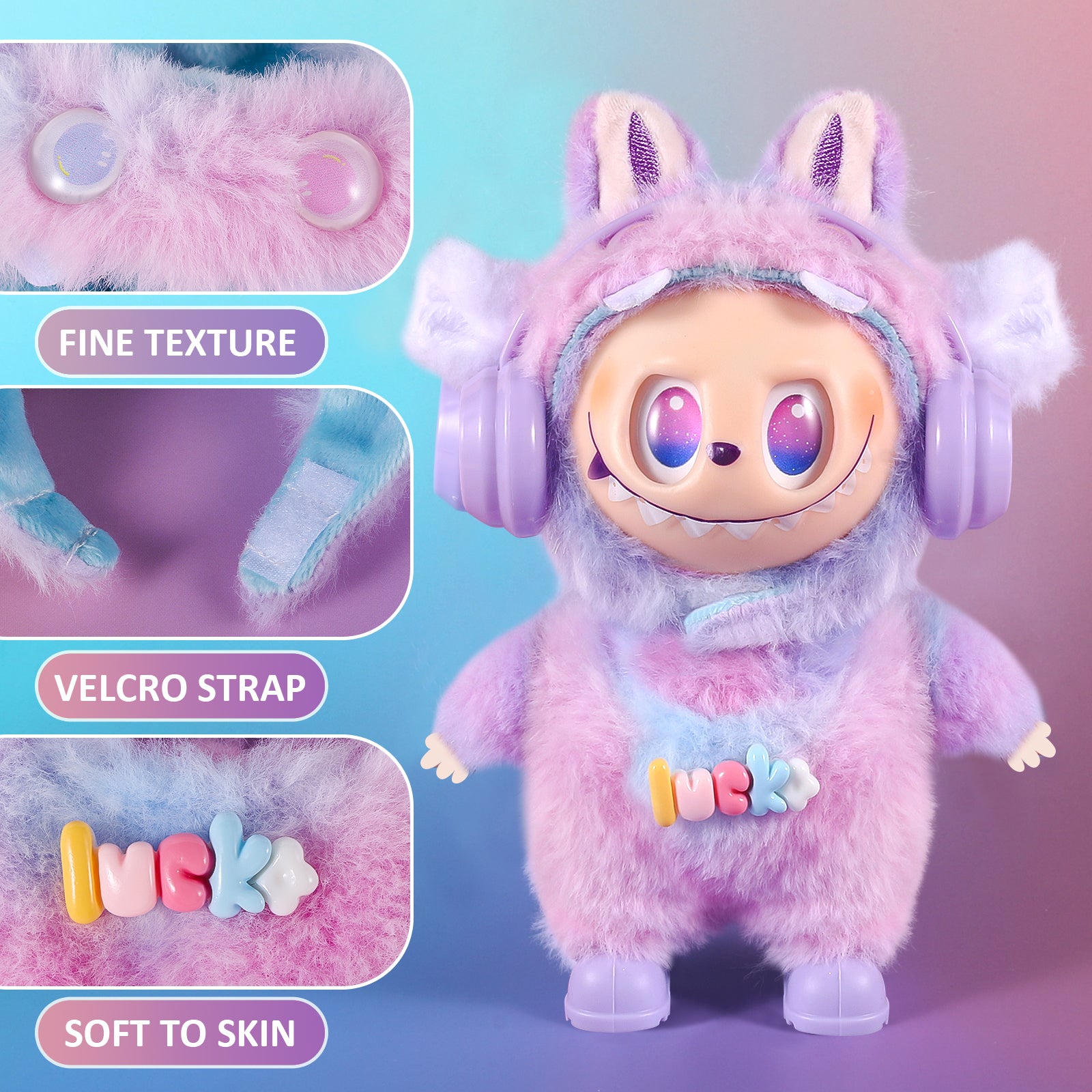 4-Piece Purple & Blue "Lucky" Themed Plush Doll Clothes Set for 17cm Labubu - Includes Overalls, Hat, Headphones & Shoes